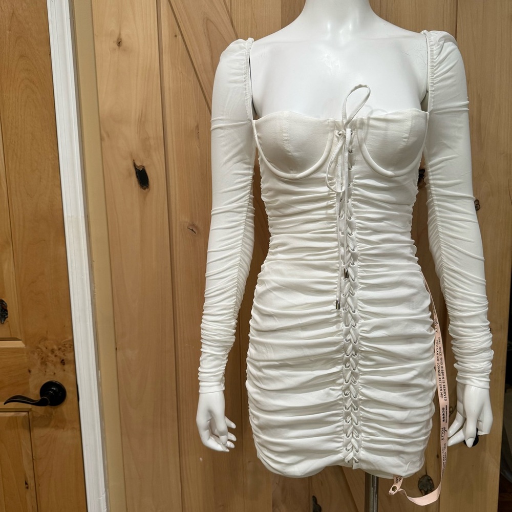 Oh Polly Fantasy Long Sleeve Ruched Sheer Dress Size 2 NWT! Lace Up Baby Doll - Picture 3 of 16